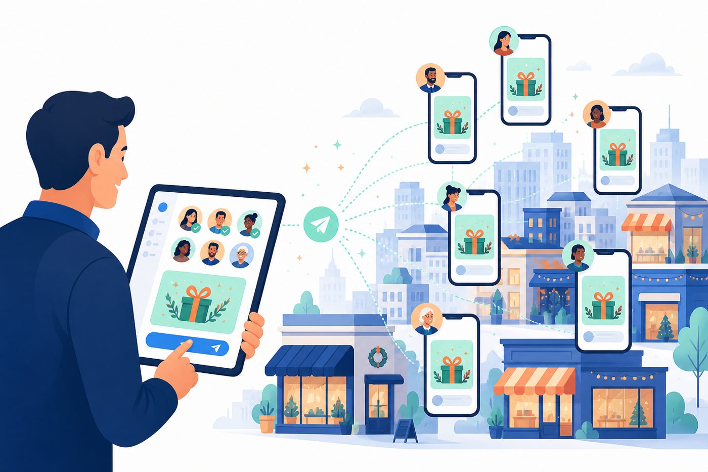 Illustration: a store manager on a tablet sends one festive message that appears on many customers' phones.